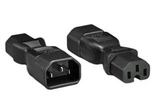 ADAPTER (EXTENSION), IEC 60320 C-14 PLUG, <font color="yellow"> IEC 60320 C-15 / C13 CONNECTOR, </font> 10A-250V, 2 POLE-3 WIRE GROUNDING (2P+E), BLACK. 

<br><font color="yellow">Notes: </font> 
<br><font color="yellow">*</font> Connects IEC 60320 C-13 connectors, C-13 power cords with IEC 60320 C-16 power inlets.
<br><font color="yellow">*</font> Also connects C-13 connectors, C-13 power cords with C-14 power inlets.
<br><font color="yellow">*</font> Additional adapters and cord sets are listed below in related products. Scroll down to view.

