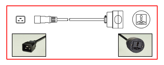 UNIVERSAL IEC 60320 C-20 PLUG ADAPTER, 16 AMPERE 250 VOLT MULTI-CONFIGURATION EUROPEAN, BRITISH, INTERNATIONAL IN-LINE CONNECTOR <font color="yellow">**</font>, 2 POLE-3 WIRE GROUNDING (2P+E), 0.3 METERS (1 FOOT) (12") LONG. BLACK.
<br><font color="yellow">Length: 0.3 METERS (1 FOOT</font> 

<br><font color="yellow">Notes:</font>

<br><font color="yellow">*</font> Connects European <font color="yellow">**</font> British, International plugs with IEC 60320 C-19 outlets, sockets, cord sets.

<br><font color="yellow">*</font> Adapter <font color="yellow">**</font> # 30140-BLK available. Provides "Earth" connection when in-line connector is used with CEE 7/4, 7/7 Schuko plugs.