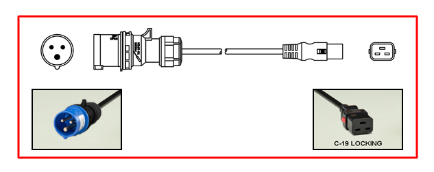 <font color="red">LOCKING</font> IEC 60309 16A-250V UNIVERSAL, EUROPEAN, INTERNATIONAL [C(UL)US, VDE, TUV, KEMA-KEUR] POWER CORD, IEC 60309 (6h) IP44 PLUG, IEC 60320 <font color="RED"> LOCKING C-19 CONNECTOR</font>, 15/3 AWG SJTO - H05VV-F, 1.5 mm², 105°C CORD, 2 POLE-3 WIRE GROUNDING [2P+E], 2.5 METERS [8FT-2IN] [98"] LONG. BLACK. 
<br><font color="yellow">Length: 2.5 METERS [8FT-2IN]</font> 

<br><font color="yellow">Notes: </font> 
<br><font color="yellow">*</font> Locking C19 connector designed to securely lock onto all C20 inlets, C20 plugs, C20 power cords.
<br><font color="yellow">*</font><font color="orange"> Custom lengths / designs available.</font>
<br><font color="yellow">*</font>  IEC 60320 C19 connector locks onto C20 power inlets or C20 plugs. (<font color="red"> Red color (slide release latch) unlocks the C19 connector.</font>)
<br><font color="yellow">*</font> <font color="red"> Locking</font> European, British, UK, Australian, International and America / Canada (NEMA) 5-15P, 5-20P, 6-15P, 6-20P, L5-15P, L6-15P, L5-20P, L6-20P, L5-30P, L6-30P, IEC 60309 (6h), IEC 60320 C19, IEC 60320 C13 locking power cords are listed below in related products. Scroll down to view. 