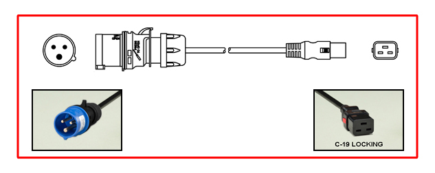 <font color="red">LOCKING</font> IEC 60309 20A-250V POWER CORD, IEC 60309 (6h) IP44 PLUG, IEC 60320 <font color="RED"> LOCKING C-19 CONNECTOR</font>, 12/3 AWG SJTOW 105°C CORD, 2 POLE-3 WIRE GROUNDING [2P+E], 2.5 METERS [8FT-2IN] [98"] LONG. BLACK.
<br><font color="yellow">Length: 2.5 METERS [8FT-2IN]</font> 

<br><font color="yellow">Notes: </font> 
<br><font color="yellow">*</font> Locking C19 connector designed to securely lock onto all C20 inlets, C20 plugs, C20 power cords.
<br><font color="yellow">*</font><font color="orange"> Custom lengths / designs available.</font>
<br><font color="yellow">*</font> IEC 60320 C19 connector locks onto C20 power inlets or C20 plugs. (<font color="red"> Red color (slide release latch) unlocks the C19 connector.</font>)
<br><font color="yellow">*</font> <font color="red"> Locking</font> European, British, UK, Australian, International and America / Canada NEMA 5-15P, 5-20P, 6-15P, 6-20P, L5-15P, L6-15P, L5-20P, L6-20P, L5-30P, L6-30P, IEC 60309 (6h), IEC 60320 C-19, IEC 60320 C-13 locking power cords are listed below in related products. Scroll down to view. 