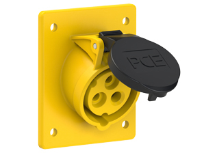 PCE 4139-4F8, ANGLED RECEPTACLE (60mmX73mm MOUNTING), 16A/20A-120V, SPLASHPROOF IP44, 4h, 2P3W, YELLOW.
<br>PIN & SLEEVE ANGLED PANEL MOUNT RECEPTACLE. cULus Approved. Conformity Standards, UL 1682, UL 1686, IEC 60309-1, IEC 60309-2, CSA C22.2 182.1, CEE, EN 60309-1, EN 60309-2.

<br><font color="yellow">Notes: </font>
<br><font color="yellow">*</font> 4139-4F8 has internal wiring polarity orientation designed for use in North America and therefore is C(UL)US approved. If point of use for this product is outside North America use our 999 series pin and sleeve devices which meet approvals and polarity requirements for European countries. <a href="https://internationalconfig.com/icc6.asp?item=999-1216-NS" style="text-decoration: none">999 Series Link</a>
<br><font color="yellow">*</font> View "Dimensional Data Sheet" for extended product detail specifications and device measurement drawing.
<br><font color="yellow">*</font> View "Associated Products 1" for general overview of devices within this product category.
<br><font color="yellow">*</font> View "Associated Products 2" to download IEC 60309 Pin & Sleeve Brochure containing the complete cULus listed range of pin & sleeve devices.
<br><font color="yellow">*</font> Select mating IEC 60309 IP44 splashproof and IP67 watertight devices individually listed below under related products. Scroll down to view.
