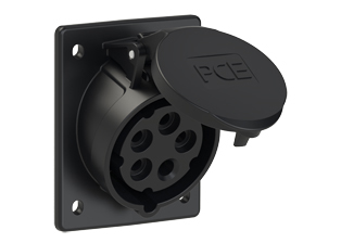 PCE 4159-5, ANGLED RECEPTACLE (60mmX73mm MOUNTING), 20A-347/600V, SPLASHPROOF IP44, 5h, 4P5W, BLACK.
<br>PIN & SLEEVE ANGLED PANEL MOUNT RECEPTACLE. cULus approved. Conformity Standards, UL 1682, UL 1686, IEC 60309-1, IEC 60309-2, CSA C22.2 182.1

<br><font color="yellow">Notes: </font>
<br><font color="yellow">*</font> View "Dimensional Data Sheet" for extended product detail specifications and device measurement drawing.
<br><font color="yellow">*</font> View "Associated Products 1" for general overview of devices within this product category.
<br><font color="yellow">*</font> View "Associated Products 2" to download IEC 60309 Pin & Sleeve Brochure containing the complete cULus listed range of pin & sleeve devices.
<br><font color="yellow">*</font> Select mating IEC 60309 IP44 splashproof and IP67 watertight devices individually listed below under related products. Scroll down to view.