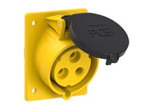 PCE 4239-4, ANGLED RECEPTACLE (60mmX73mm MOUNTING), 30A/32A-120V, SPLASHPROOF IP44, 4h, 2P3W, YELLOW.
<br>PIN & SLEEVE ANGLED PANEL MOUNT RECEPTACLE. cULus Approved. Conformity Standards, UL 1682, UL 1686, IEC 60309-1, IEC 60309-2, CSA C22.2 182.1, CEE, EN 60309-1, EN 60309-2.

<br><font color="yellow">Notes: </font>
<br><font color="yellow">*</font> 4239-4 has internal wiring polarity orientation designed for use in North America and therefore is C(UL)US approved. If point of use for this product is outside North America use our 999 series pin and sleeve devices which meet approvals and polarity requirements for European countries. <a href="https://internationalconfig.com/icc6.asp?item=999-1228-NS" style="text-decoration: none">999 Series Link</a>
<br><font color="yellow">*</font> View "Dimensional Data Sheet" for extended product detail specifications and device measurement drawing.
<br><font color="yellow">*</font> View "Associated Products 1" for general overview of devices within this product category.
<br><font color="yellow">*</font> View "Associated Products 2" to download IEC 60309 Pin & Sleeve Brochure containing the complete cULus listed range of pin & sleeve devices.
<br><font color="yellow">*</font> Select mating IEC 60309 IP44 splashproof and IP67 watertight devices individually listed below under related products. Scroll down to view.