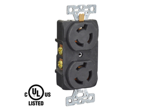 15 AMPERE-250 VOLT (NEMA L6-15R) DUPLEX LOCKING OUTLET (2P+E), BACK OR SIDE WIRED, 2 POLE-3 WIRE GROUNDING. BLACK.