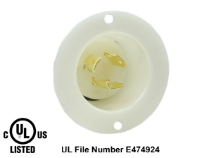 15 AMPERE-125 VOLT (NEMA L5-15P) LOCKING FLANGED PANEL MOUNT POWER INLET, 2 POLE-3 WIRE GROUNDING (2P+E), IMPACT RESISTANT NYLON BODY, SPECIFICATION GRADE. WHITE. 

<br><font color="yellow">Notes: </font> 
<br><font color="yellow">*</font> For weatherproof / dustproof applications use #5200-WC inlet cover and #5200-WTC terminal shield.
<br><font color="yellow">*</font> Temp. range = -40�C to +75�C.
<br><font color="yellow">*</font> Terminals accept 16AWG-10AWG. Max. torque = 11 in. lbs.
<br><font color="yellow">*</font> NEMA locking inlets, IEC 60309 inlets and European, Australian power inlets are listed below in related products. Scroll down to view.