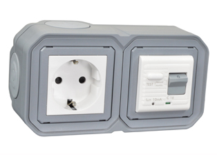 EUROPEAN SCHUKO 16 AMPERE-230 VOLT CEE 7/3 <font color="yellow">GFCI (RCBO/RCD)</font> OUTLET, TYPE F (EU1-16R), (EU1-16R), 50/60 Hz, <font color="yellow">(10mA TRIP)</font>, HORIZONTAL SURFACE MOUNT, IP20 RATED, GLAND CABLE ENTRY, 2 POLE-3 WIRE GROUNDING (2P+E). GRAY.      <BR><font color="yellow">Notes:</font>  
<BR><font color="yellow">*</font> View technical data drawing for installation and connection components. 
<BR><font color="yellow">*</font> Downstream outlets can be protected. Use on single phase 230 volt circuits only.  <BR><font color="yellow">*</font> Latched RCD, No reset after power failure. RCBO (single pole + neutral) provides over current protection.  <BR><font color="yellow">*</font> Screw terminal torque = 0.08Nm. Operating temp. = -5C to +40C.   <BR><font color="yellow">*</font> Weatherproof IP66, IP55 rated outlets listed below. Scroll down to view.  <BR><font color="yellow">*</font> Not for use on life support, medical equipment, refrigeration equipment.    <BR><font color="yellow">*</font> GFCI (RCBO/RCD) outlets are available for all countries. Contact us.           