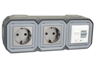 EUROPEAN SCHUKO 16 AMPERE-230 VOLT CEE 7/3 <font color="yellow">GFCI (RCBO/RCD)</font> DUPLEX OUTLET, TYPE F (EU1-16R, 50/60 Hz, <font color="yellow">(10mA TRIP)</font>, HORIZONTAL SURFACE MOUNT, IP20 RATED, GLAND CABLE ENTRY, 2 POLE-3 WIRE GROUNDING (2P+E). COLOR BLACK ANTHRACITE.      <BR><font color="yellow">Notes:</font>  
<BR><font color="yellow">*</font> View technical data drawing for installation and connection components. 
<BR><font color="yellow">*</font> Downstream outlets can be protected. Use on single phase 230 volt circuits only.  <BR><font color="yellow">*</font> Latched RCD, No reset after power failure. RCBO (single pole + neutral) provides over current protection.  <BR><font color="yellow">*</font> Screw terminal torque = 0.08Nm. Operating temp. = -5C to +40C.   <BR><font color="yellow">*</font> Weatherproof IP66, IP55 rated outlets listed below. Scroll down to view.  <BR><font color="yellow">*</font> Not for use on life support, medical equipment, refrigeration equipment.    <BR><font color="yellow">*</font> GFCI (RCBO/RCD) outlets are available for all countries. Contact us.      