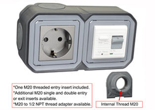 EUROPEAN SCHUKO 16 AMPERE-230 VOLT CEE 7/3 <font color="yellow">GFCI (RCBO/RCD)</font> OUTLET, TYPE F (EU1-16R), 50/60 Hz, <font color="yellow">(10mA TRIP)</font>, HORIZONTAL SURFACE MOUNT, IP20 RATED, M20 CABLE ENTRY HUBS (**), 2 POLE-3 WIRE GROUNDING (2P+E). COLOR BLACK ANTHRACITE.      <BR><font color="yellow">Notes:</font>  
<BR><font color="yellow">*</font> View technical data drawing for installation and connection components. 
<BR><font color="yellow">**</font> M20 adapter #01614 available. Converts M20 to 1/2 inch National Pipe Thread (NPT).   <BR><font color="yellow">*</font> Downstream outlets can be protected. Use on single phase 230 volt circuits only.  <BR><font color="yellow">*</font> Latched RCD, No reset after power failure. RCBO (single pole + neutral) provides over current protection.  <BR><font color="yellow">*</font> Screw terminal torque = 0.08Nm. Operating temp. = -5C to +40C.   <BR><font color="yellow">*</font> Weatherproof IP66, IP55 rated outlets listed below. Scroll down to view.  <BR><font color="yellow">*</font> Not for use on life support, medical equipment, refrigeration equipment.    <BR><font color="yellow">*</font> GFCI (RCBO/RCD) outlets are available for all countries. Contact us.        