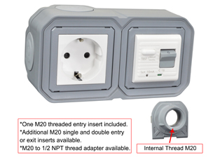 EUROPEAN SCHUKO 16 AMPERE-230 VOLT CEE 7/3 <font color="yellow">GFCI (RCBO/RCD)</font> OUTLET, TYPE F (EU1-16R), 50/60 Hz, <font color="yellow">(10mA TRIP)</font>, HORIZONTAL SURFACE MOUNT, IP20 RATED, M20 CABLE ENTRY HUBS (**), 2 POLE-3 WIRE GROUNDING (2P+E). GRAY.      <BR><font color="yellow">Notes:</font>  
<BR><font color="yellow">*</font> View technical data drawing for installation and connection components. 
<BR><font color="yellow">**</font> M20 adapter #01614 available. Converts M20 to 1/2 inch National Pipe Thread (NPT).   <BR><font color="yellow">*</font> Downstream outlets can be protected. Use on single phase 230 volt circuits only.  <BR><font color="yellow">*</font> Latched RCD, No reset after power failure. RCBO (single pole + neutral) provides over current protection.  <BR><font color="yellow">*</font> Screw terminal torque = 0.08Nm. Operating temp. = -5C to +40C.   <BR><font color="yellow">*</font> Weatherproof IP66, IP55 rated outlets listed below. Scroll down to view.  <BR><font color="yellow">*</font> Not for use on life support, medical equipment, refrigeration equipment.    <BR><font color="yellow">*</font> GFCI (RCBO/RCD) outlets are available for all countries. Contact us.        