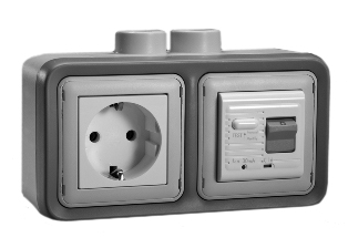 EUROPEAN "SCHUKO" 16 AMPERE-230 VOLT CEE 7/3 <font color="yellow">GFCI (RCBO/RCD)</font> OUTLET, TYPE F (EU1-16R), 50/60 Hz, <font color="yellow">(10mA TRIP)</font>, HORIZONTAL SURFACE MOUNT, IP20 RATED, M20 CABLE ENTRY HUBS (**), 2 POLE-3 WIRE GROUNDING (2P+E). GRAY.
  
<BR><font color="yellow">Notes:</font>
<BR><font color="yellow">**</font> M20 adapter #01614 available. Converts M20 to 1/2 inch National Pipe Thread (NPT). 
<BR><font color="yellow">*</font> Downstream outlets can be protected. Use on single phase 230 volt circuits only.
<BR><font color="yellow">*</font> Latched RCD, No reset after power failure. RCBO (single pole + neutral) provides over current protection.
<BR><font color="yellow">*</font> Screw terminal torque = 0.08Nm. Operating temp. = -5�C to +40�C. 
<BR><font color="yellow">*</font> Weatherproof IP66, IP55 rated outlets listed below. Scroll down to view.
<BR><font color="yellow">*</font> Not for use on life support, medical equipment, refrigeration equipment.  
<BR><font color="yellow">*</font> GFCI (RCBO/RCD) outlets are available for all countries. Contact us.  


