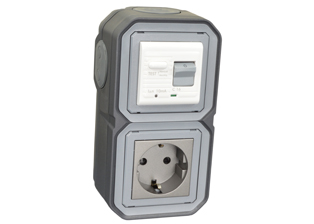 EUROPEAN SCHUKO 16 AMPERE-230 VOLT CEE 7/3 <font color="yellow">GFCI (RCBO/RCD)</font> OUTLET, TYPE F (EU1-16R), 50/60 Hz, <font color="yellow">(10mA TRIP)</font>, VERTICAL SURFACE MOUNT, IP20 RATED, GLAND CABLE ENTRY, 2 POLE-3 WIRE GROUNDING (2P+E). COLOR BLACK ANTHRACITE.      <BR><font color="yellow">Notes:</font>  
<BR><font color="yellow">*</font> View technical data drawing for installation and connection components. 
<BR><font color="yellow">*</font> Downstream outlets can be protected. Use on single phase 230 volt circuits only.  <BR><font color="yellow">*</font> Latched RCD, No reset after power failure. RCBO (single pole + neutral) provides over current protection.  <BR><font color="yellow">*</font> Screw terminal torque = 0.08Nm. Operating temp. = -5C to +40C.   <BR><font color="yellow">*</font> Weatherproof IP66, IP55 rated outlets listed below. Scroll down to view.  <BR><font color="yellow">*</font> Not for use on life support, medical equipment, refrigeration equipment.    <BR><font color="yellow">*</font> GFCI (RCBO/RCD) outlets are available for all countries. Contact us.           