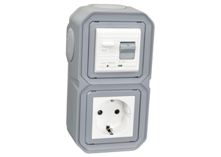 EUROPEAN SCHUKO 16 AMPERE-230 VOLT CEE 7/3 <font color="yellow">GFCI (RCBO/RCD)</font> OUTLET, TYPE F (EU1-16R), 50/60 Hz, <font color="yellow">(10mA TRIP)</font>, VERTICAL SURFACE MOUNT, IP20 RATED, GLAND CABLE ENTRY, 2 POLE-3 WIRE GROUNDING (2P+E). GRAY.      <BR><font color="yellow">Notes:</font>  
<BR><font color="yellow">*</font> View technical data drawing for installation and connection components. 
<BR><font color="yellow">*</font> Downstream outlets can be protected. Use on single phase 230 volt circuits only.  <BR><font color="yellow">*</font> Latched RCD, No reset after power failure. RCBO (single pole + neutral) provides over current protection.  <BR><font color="yellow">*</font> Screw terminal torque = 0.08Nm. Operating temp. = -5C to +40C.   <BR><font color="yellow">*</font> Weatherproof IP66, IP55 rated outlets listed below. Scroll down to view.  <BR><font color="yellow">*</font> Not for use on life support, medical equipment, refrigeration equipment.    <BR><font color="yellow">*</font> GFCI (RCBO/RCD) outlets are available for all countries. Contact us.           