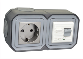 EUROPEAN SCHUKO 16 AMPERE-230 VOLT CEE 7/3 <font color="yellow">GFCI (RCBO/RCD)</font> OUTLET, TYPE F (EU1-16R), 50/60 Hz, <font color="yellow">(30mA TRIP)</font>, HORIZONTAL SURFACE MOUNT, IP20 RATED, GLAND CABLE ENTRY, 2 POLE-3 WIRE GROUNDING (2P+E). COLOR BLACK ANTHRACITE.      <BR><font color="yellow">Notes:</font>  
<BR><font color="yellow">*</font> View technical data drawing for installation and connection components. 
<BR><font color="yellow">*</font> Downstream outlets can be protected. Use on single phase 230 volt circuits only.  <BR><font color="yellow">*</font> Latched RCD, No reset after power failure. RCBO (single pole + neutral) provides over current protection.  <BR><font color="yellow">*</font> Screw terminal torque = 0.08Nm. Operating temp. = -5C to +40C.   <BR><font color="yellow">*</font> Weatherproof IP66, IP55 rated outlets listed below. Scroll down to view.  <BR><font color="yellow">*</font> Not for use on life support, medical equipment, refrigeration equipment.    <BR><font color="yellow">*</font> GFCI (RCBO/RCD) outlets are available for all countries. Contact us.    