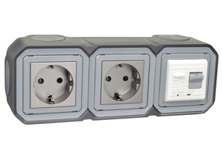 EUROPEAN SCHUKO 16 AMPERE-230 VOLT CEE 7/3 <font color="yellow">GFCI (RCBO/RCD)</font> DUPLEX OUTLET, TYPE F (EU1-16R, 50/60 Hz, <font color="yellow">(30mA TRIP)</font>, HORIZONTAL SURFACE MOUNT, IP20 RATED, GLAND CABLE ENTRY, 2 POLE-3 WIRE GROUNDING (2P+E). COLOR BLACK ANTHRACITE.      <BR><font color="yellow">Notes:</font>  
<BR><font color="yellow">*</font> View technical data drawing for installation and connection components. 
<BR><font color="yellow">*</font> Downstream outlets can be protected. Use on single phase 230 volt circuits only.  <BR><font color="yellow">*</font> Latched RCD, No reset after power failure. RCBO (single pole + neutral) provides over current protection.  <BR><font color="yellow">*</font> Screw terminal torque = 0.08Nm. Operating temp. = -5C to +40C.   <BR><font color="yellow">*</font> Weatherproof IP66, IP55 rated outlets listed below. Scroll down to view.  <BR><font color="yellow">*</font> Not for use on life support, medical equipment, refrigeration equipment.    <BR><font color="yellow">*</font> GFCI (RCBO/RCD) outlets are available for all countries. Contact us.   