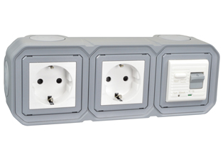 EUROPEAN SCHUKO 16 AMPERE-230 VOLT CEE 7/3 <font color="yellow">GFCI (RCBO/RCD)</font> DUPLEX OUTLET, TYPE F (EU1-16R, 50/60 Hz, <font color="yellow">(30mA TRIP)</font>, HORIZONTAL SURFACE MOUNT, IP20 RATED, GLAND CABLE ENTRY, 2 POLE-3 WIRE GROUNDING (2P+E). GRAY.      <BR><font color="yellow">Notes:</font>  
<BR><font color="yellow">*</font> View technical data drawing for installation and connection components. 
<BR><font color="yellow">*</font> Downstream outlets can be protected. Use on single phase 230 volt circuits only.  <BR><font color="yellow">*</font> Latched RCD, No reset after power failure. RCBO (single pole + neutral) provides over current protection.  <BR><font color="yellow">*</font> Screw terminal torque = 0.08Nm. Operating temp. = -5C to +40C.   <BR><font color="yellow">*</font> Weatherproof IP66, IP55 rated outlets listed below. Scroll down to view.  <BR><font color="yellow">*</font> Not for use on life support, medical equipment, refrigeration equipment.    <BR><font color="yellow">*</font> GFCI (RCBO/RCD) outlets are available for all countries. Contact us.   