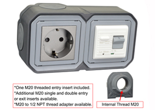 EUROPEAN SCHUKO 16 AMPERE-230 VOLT CEE 7/3 <font color="yellow">GFCI (RCBO/RCD)</font> OUTLET, TYPE F (EU1-16R), 50/60 Hz, <font color="yellow">(30mA TRIP)</font>, HORIZONTAL SURFACE MOUNT, IP20 RATED, M20 CABLE ENTRY HUBS (**), 2 POLE-3 WIRE GROUNDING (2P+E). COLOR BLACK ANTHRACITE.      <BR><font color="yellow">Notes:</font>  
<BR><font color="yellow">*</font> View technical data drawing for installation and connection components. 
<BR><font color="yellow">**</font> M20 adapter #01614 available. Converts M20 to 1/2 inch National Pipe Thread (NPT).   <BR><font color="yellow">*</font> Downstream outlets can be protected. Use on single phase 230 volt circuits only.  <BR><font color="yellow">*</font> Latched RCD, No reset after power failure. RCBO (single pole + neutral) provides over current protection.  <BR><font color="yellow">*</font> Screw terminal torque = 0.08Nm. Operating temp. = -5C to +40C.   <BR><font color="yellow">*</font> Weatherproof IP66, IP55 rated outlets listed below. Scroll down to view.  <BR><font color="yellow">*</font> Not for use on life support, medical equipment, refrigeration equipment.    <BR><font color="yellow">*</font> GFCI (RCBO/RCD) outlets are available for all countries. Contact us.     