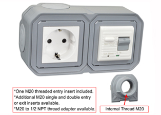 EUROPEAN SCHUKO 16 AMPERE-230 VOLT CEE 7/3 <font color="yellow">GFCI (RCBO/RCD)</font> OUTLET, TYPE F (EU1-16R), 50/60 Hz, <font color="yellow">(30mA TRIP)</font>, HORIZONTAL SURFACE MOUNT, IP20 RATED, M20 CABLE ENTRY HUBS (**), 2 POLE-3 WIRE GROUNDING (2P+E). GRAY.      <BR><font color="yellow">Notes:</font>  
<BR><font color="yellow">*</font> View technical data drawing for installation and connection components. 
<BR><font color="yellow">**</font> M20 adapter #01614 available. Converts M20 to 1/2 inch National Pipe Thread (NPT).   <BR><font color="yellow">*</font> Downstream outlets can be protected. Use on single phase 230 volt circuits only.  <BR><font color="yellow">*</font> Latched RCD, No reset after power failure. RCBO (single pole + neutral) provides over current protection.  <BR><font color="yellow">*</font> Screw terminal torque = 0.08Nm. Operating temp. = -5C to +40C.   <BR><font color="yellow">*</font> Weatherproof IP66, IP55 rated outlets listed below. Scroll down to view.  <BR><font color="yellow">*</font> Not for use on life support, medical equipment, refrigeration equipment.    <BR><font color="yellow">*</font> GFCI (RCBO/RCD) outlets are available for all countries. Contact us.     