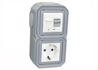 EUROPEAN SCHUKO 16 AMPERE-230 VOLT CEE 7/3 <font color="yellow">GFCI (RCBO/RCD)</font> (EU1-16R) OUTLET, 50/60 Hz, <font color="yellow">(30mA TRIP)</font>, VERTICAL SURFACE MOUNT, IP20 RATED, GLAND CABLE ENTRY, 2 POLE-3 WIRE GROUNDING (2P+E). GRAY.      <BR><font color="yellow">Notes:</font>  
<BR><font color="yellow">*</font> View technical data drawing for installation and connection components. 
<BR><font color="yellow">*</font> Downstream outlets can be protected. Use on single phase 230 volt circuits only.  <BR><font color="yellow">*</font> Latched RCD, No reset after power failure. RCBO (single pole + neutral) provides over current protection.  <BR><font color="yellow">*</font> Screw terminal torque = 0.08Nm. Operating temp. = -5C to +40C.   <BR><font color="yellow">*</font> Weatherproof IP66, IP55 rated outlets listed below. Scroll down to view.  <BR><font color="yellow">*</font> Not for use on life support, medical equipment, refrigeration equipment.    <BR><font color="yellow">*</font> GFCI (RCBO/RCD) outlets are available for all countries. Contact us.   