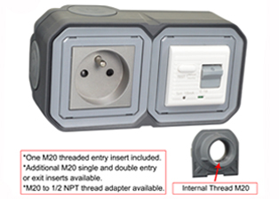 FRANCE, BELGIUM <font color="yellow">GFCI (RCBO/RCD)</font> 16 AMPERE-230 VOLT OUTLET, CEE 7/5 TYPE E (FR1-16R), 50/60 Hz, <font color="yellow">(10mA TRIP)</font>, HORIZONTAL SURFACE MOUNT, IP20 RATED, M20 CABLE ENTRY HUBS, 2 POLE-3 WIRE GROUNDING (2P+E). COLOR BLACK ANTHRACITE.    <BR><font color="yellow">Notes:</font>  <BR><font color="yellow">*</font> Downstream outlets can be protected. Use on single phase 230 volt circuits only.  <BR><font color="yellow">*</font> Latched RCD, No reset after power failure. RCBO (single pole + neutral) provides over current protection.  <BR><font color="yellow">*</font> Screw terminal torque = 0.08Nm.   <BR><font color="yellow">*</font> Operating temp. = -5C to +40C.   <BR><font color="yellow">*</font> Not for use on life support, medical equipment, refrigeration equipment.