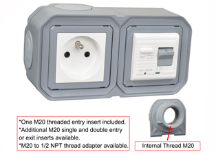 FRANCE, BELGIUM <font color="yellow">GFCI (RCBO/RCD)</font> 16 AMPERE-230 VOLT OUTLET, CEE 7/5 TYPE E (FR1-16R), 50/60 Hz, <font color="yellow">(10mA TRIP)</font>, HORIZONTAL SURFACE MOUNT, IP20 RATED, M20 CABLE ENTRY HUBS, 2 POLE-3 WIRE GROUNDING (2P+E). GRAY.    <BR><font color="yellow">Notes:</font>  <BR><font color="yellow">*</font> Downstream outlets can be protected. Use on single phase 230 volt circuits only.  <BR><font color="yellow">*</font> Latched RCD, No reset after power failure. RCBO (single pole + neutral) provides over current protection.  <BR><font color="yellow">*</font> Screw terminal torque = 0.08Nm.   <BR><font color="yellow">*</font> Operating temp. = -5C to +40C.   <BR><font color="yellow">*</font> Not for use on life support, medical equipment, refrigeration equipment.