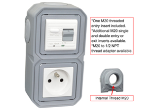 FRANCE, BELGIUM <font color="yellow">GFCI (RCBO/RCD)</font> 16 AMPERE-230 VOLT OUTLET, CEE 7/5 TYPE E (FR1-16R), 50/60 Hz, <font color="yellow">(10mA TRIP)</font>, VERTICAL SURFACE MOUNT, IP20 RATED, M20 CABLE ENTRY HUBS, 2 POLE-3 WIRE GROUNDING (2P+E). GRAY.    <BR><font color="yellow">Notes:</font>  <BR><font color="yellow">*</font> Downstream outlets can be protected. Use on single phase 230 volt circuits only.  <BR><font color="yellow">*</font> Latched RCD, No reset after power failure. RCBO (single pole + neutral) provides over current protection.  <BR><font color="yellow">*</font> Screw terminal torque = 0.08Nm.   <BR><font color="yellow">*</font> Operating temp. = -5C to +40C.   <BR><font color="yellow">*</font> Not for use on life support, medical equipment, refrigeration equipment.