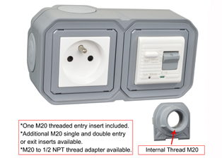 FRANCE, BELGIUM <font color="yellow">GFCI (RCBO/RCD)</font> 16 AMPERE-230 VOLT OUTLET, CEE 7/5 TYPE E (FR1-16R), 50/60 Hz, <font color="yellow">(30mA TRIP)</font>, HORIZONTAL SURFACE MOUNT, IP20 RATED, M20 CABLE ENTRY HUBS, 2 POLE-3 WIRE GROUNDING (2P+E). GRAY.    <BR><font color="yellow">Notes:</font>  <BR><font color="yellow">*</font> Downstream outlets can be protected. Use on single phase 230 volt circuits only.  <BR><font color="yellow">*</font> Latched RCD, No reset after power failure. RCBO (single pole + neutral) provides over current protection.  <BR><font color="yellow">*</font> Screw terminal torque = 0.08Nm.   <BR><font color="yellow">*</font> Operating temp. = -5C to +40C.   <BR><font color="yellow">*</font> Not for use on life support, medical equipment, refrigeration equipment.
