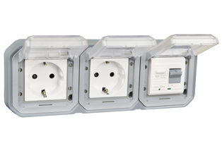 EUROPEAN SCHUKO 16 AMPERE-230 VOLT CEE 7/3 <font color="yellow">GFCI (RCBO/RCD)</font> DUPLEX OUTLET, TYPE F (EU1-16R), 50/60 Hz, <font color="yellow">(10mA TRIP)</font>, WEATHERPROOF IP55 RATED, PANEL MOUNT OR FLUSH WALL BOX MOUNT, (GLAND TYPE CABLE ENTRY), 2 POLE-3 WIRE GROUNDING (2P+E). GRAY.    <BR><font color="yellow">Notes:</font>  <BR><font color="yellow">*</font>Mating flush mount wall box #77190-D3.   <BR><font color="yellow">*</font> Downstream outlets can be protected. Use on single phase 230 volt circuits only.  <BR><font color="yellow">*</font> Latched RCD, No reset after power failure. RCBO (single pole + neutral) provides over current protection.  <BR><font color="yellow">*</font> Screw terminal torque = 0.08Nm. Operating temp. = -5C to +40C.   <BR><font color="yellow">*</font> Weatherproof surface mount IP66 rated outlets listed below. Scroll down to view.  <BR> <font color="yellow">*</font> Not for use on life support, medical equipment, refrigeration equipment.     <BR><font color="yellow">*</font> GFCI (RCBO/RCD) outlets are available for all countries. Contact us.    