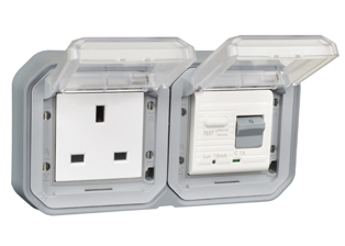 BRITISH, UNITED KINGDOM BS 1363, SAUDIA ARABIA SASO 2203 13 AMPERE-230 VOLT <font color="yellow">GFCI (RCBO/RCD)</font> OUTLET, TYPE G (UK1-13R, SA1-13R), 50/60 Hz,<font color="yellow"> 10mA TRIP</font>, SHUTTERED CONTACTS, WEATHERPROOF, IP55 RATED, HORIZONTAL PANEL MOUNT, WALL BOX MOUNT, CLEAR LIFT LID COVERS, 2 POLE-3 WIRE GROUNDING (2P+E). GRAY.  <BR><font color="yellow">Notes:</font>  
<BR><font color="yellow">*</font> Downstream outlets can be protected. Use on single phase 230 volt circuits only.  <BR><font color="yellow">*</font> Latched RCD, No reset after power failure. RCBO (single pole + neutral) provides over current protection.  <BR><font color="yellow">*</font> Screw terminal torque = 0.08Nm. Operating temp. = -5C to +40C.   <BR><font color="yellow">*</font> Weatherproof IP66 rated outlets listed below. Scroll down to view.  <BR><font color="yellow">*</font> GFCI (RCBO/RCD) outlets are available for all countries. Contact us.  