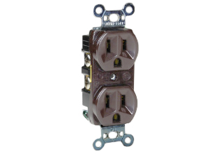 15 AMPERE-125 VOLT (NEMA 5-15R) AMERICAN DUPLEX OUTLET, TYPE A, TYPE B, 2 POLE-3 WIRE GROUNDING (2P+E), SPECIFICATION GRADE, IMPACT RESISTANT NYLON BODY. BROWN.

<br><font color="yellow">Notes: </font> 
<br><font color="yellow">*</font> Outlet mounts on American 2x4 wall boxes or wall boxes with 3.28" (83mm / 84mm) mounting centers.

<br><font color="yellow">*</font> NEMA 5-15R outlets & <font color="yellow">Universal outlets </font> 
for European, British wall boxes available. View <a href="https://internationalconfig.com/icc6.asp?item=73551-US" style="text-decoration: none">NEMA 5-15R & Universal Versions</a>

 
 
 