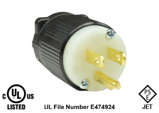 15 AMPERE-125 VOLT (NEMA 5-15P) JAPAN (JA1-15P) PLUG, TYPE B, IMPACT RESISTANT NYLON BODY, 2 POLE-3 WIRE GROUNDING (2P+E), SPECIFICATION GRADE. BLACK / WHITE. 
 
<br><font color="yellow">Notes: </font> 
<br><font color="yellow">*</font> Dual Approvals: cULus (USA & Canada), PSE (Japan). 
<br><font color="yellow">*</font> Certifications: cULus (USA & Canada), PSE JET (Japan), RoHS3
<br><font color="yellow">*</font> Accepts 18/3-12/3 AWG size conductors.
<br><font color="yellow">*</font> Strain relief (cord grip range) = 0.300-0.650" dia.

<br><font color="yellow">*</font> Torque: Terminal screws = 12 in. lbs., Strain relief / assembly screws = 8-10 in. lbs.
<br><font color="yellow">*</font> Temp. range = -40�C to +75�C.
<br><font color="yellow">*</font> Plugs, connectors, receptacles, power cords, power strips, weatherproof outlets are listed below in related products.