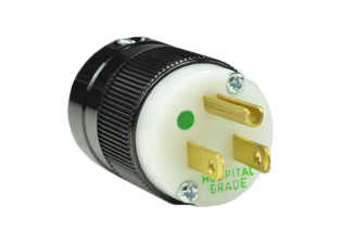 15 AMPERE-125 VOLT HOSPITAL GRADE PLUG, TYPE B, GREEN DOT (NEMA 5-15P), POWER CORD DUST / MOISTURE SHIELD, IMPACT RESISTANT NYLON, 2 POLE-3 WIRE GROUNDING (2P+E), TERMINALS ACCEPT 10/3, 12/3, 14/3, 16/3, 18/3 AWG CONDUCTORS, 0.300-0.655" CORD GRIP RANGE. BLACK/WHITE. UL / CSA LISTED.

<br><font color="yellow">Notes: </font> 
<br><font color="yellow">*</font> Screw torque: Terminal screws = 12 in. lbs., Strain relief / assembly screws = 8-10 in. lbs.
<br><font color="yellow">*</font> Temp. range = -40�C to +75�C.
<br><font color="yellow">*</font> Plugs, connectors, receptacles, power cords, power strips, weatherproof outlets are listed below in related products. Scroll down to view.
