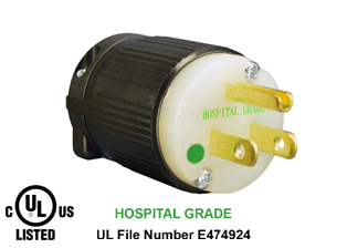 15 AMPERE-125 VOLT HOSPITAL GRADE PLUG, <font color="yellow"> TYPE B</font>, GREEN DOT NEMA 5-15P, IMPACT RESISTANT NYLON, 2 POLE-3 WIRE GROUNDING (2P+E), TERMINALS ACCEPT 10/3, 12/3, 14/3, 16/3, 18/3 AWG CONDUCTORS, 0.300-0.655" CORD GRIP RANGE. BLACK/WHITE. UL/CSA LISTED.

<br><font color="yellow">Notes: </font> 
<br><font color="yellow">*</font> Screw torque: Terminal screws = 12 in. lbs., Strain relief / assembly screws = 8-10 in. lbs.
<br><font color="yellow">*</font> Temp. range = -40�C to +75�C.
<br><font color="yellow">*</font> Plugs, connectors, receptacles, power cords, power strips, weatherproof outlets are listed below in related products. Scroll down to view.
