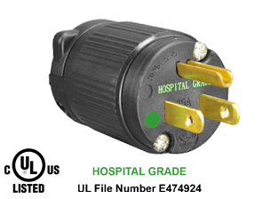 15 AMPERE-125 VOLT HOSPITAL GRADE PLUG, <font color="yellow"> TYPE B</font>, GREEN DOT NEMA 5-15P, IMPACT RESISTANT NYLON, 2 POLE-3 WIRE GROUNDING (2P+E), TERMINALS ACCEPT 10/3, 12/3, 14/3, 16/3, 18/3 AWG CONDUCTORS, 0.300-0.655" CORD GRIP RANGE. BLACK. UL/CSA LISTED.

<br><font color="yellow">Notes: </font> 
<br><font color="yellow">*</font> Screw torque: Terminal screws = 12 in. lbs., Strain relief / assembly screws = 8-10 in. lbs.
<br><font color="yellow">*</font> Temp. range = -40�C to +75�C.
<br><font color="yellow">*</font> Plugs, connectors, receptacles, power cords, power strips, weatherproof outlets are listed below in related products. Scroll down to view.

