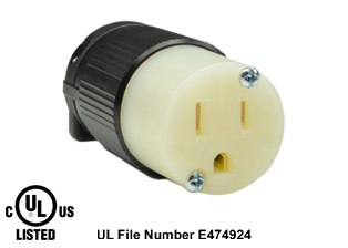 15 AMPERE-125 VOLT (NEMA 5-15R) TYPE B, CONNECTOR, IMPACT RESISTANT NYLON BODY, 2 POLE-3 WIRE GROUNDING (2P+E), SPECIFICATION GRADE. BLACK/WHITE. 

<br><font color="yellow">Notes: </font> 
<br><font color="yellow">*</font> Terminals accept 18/3, 16/3, 14/3, 12/3 AWG size conductors. Strain relief (cord grip range) = 0.300-0.650" dia.
<br><font color="yellow">*</font> Screw torque: Terminal screws = 12 in. lbs., Strain relief / assembly screws = 8-10 in. lbs.
<br><font color="yellow">*</font> Temp. range = -40�C to +75�C.
<br><font color="yellow">*</font> Plugs, connectors, receptacles, power cords, power strips, weatherproof outlets are listed below in related products. Scroll down to view.