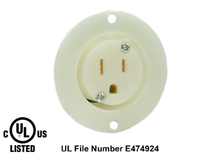 15 AMPERE-125 VOLT NEMA 5-15R FLANGED PANEL MOUNT POWER OUTLET, IMPACT RESISTANT NYLON BODY, 2 POLE-3 WIRE GROUNDING (2P+E), SPECIFICATION GRADE. WHITE. 

<br><font color="yellow">Notes: </font> 
<br><font color="yellow">*</font> Weatherproof / dust proof applications use #5200-WSC cover & #5200-WTC terminal shield or # 79480 WP cover.
<br><font color="yellow">*</font> Temp. range = -40�C to +75�C. Terminals accept 16AWG-10AWG. Max. torque = 11 in. lbs.
<br><font color="yellow">**</font> NEMA Flanged Panel Mount Outlets with same mounting pattern listed below.
<BR>**NEMA 5-15R Outlet Part #5279-SS (15A-125V). Accepts NEMA 5-15P plugs. 
<BR>**NEMA 5-20R Outlet Part #5379-SS (20A-125V). Accepts NEMA 5-20P & NEMA 5-15P plugs.
<BR>**NEMA 6-15R Outlet Part #5679-SS (15A-250V). Accepts NEMA 6-15P plugs. 
<BR>**NEMA 6-20R Outlet Part #5479-SS (20A-250V). Accepts NEMA 6-20P & NEMA 6-15P plugs.
<BR>**NEMA L5-15R Locking Outlet #4715-SS (15A-125V). Accepts NEMA L5-15P Locking plugs.
<BR>**NEMA L6-15R Locking Outlet #L615-FO (15A-250V). Accepts NEMA L6-15P Locking plugs.

<br><font color="yellow">View:</font> Optional panel mount designs # <a href="https://internationalconfig.com/icc6.asp?item=5258-I" style="text-decoration: none">5258-I</a>, # <a href="https://internationalconfig.com/icc6.asp?item=5258-QC" style="text-decoration: none">5258-QC</a> (Quick Connect / Solder Terminals), # <a href="https://internationalconfig.com/icc6.asp?item=70020" style="text-decoration: none">70020 weather resistant</a>.

<br><font color="yellow">*</font> Plugs, power cords, outlets, PDU strips, connectors, inlets, adapters are listed below in related products. Scroll down to view.
    
 
  