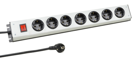 EUROPEAN GERMAN SCHUKO 16 AMPERE-250 VOLT CEE 7/3 (EU1-16R) 7 OUTLET PDU POWER STRIP, SHUTTERED CONTACTS, ILLUMINATED DOUBLE POLE ON/OFF SWITCH, 2 POLE-3 WIRE GROUNDING (2P+E), 3.0 METER (9FT-10IN) CORD. BLACK BASE/GRAY COVER. 

<br><font color="yellow">Notes: </font> 
<br><font color="yellow">*</font> European Schuko plugs, outlets, power cords, connectors, outlet strips, GFCI sockets listed below in related products. Scroll down to view.