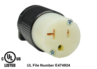 20 AMPERE-125 VOLT (NEMA 5-20R) CONNECTOR, IMPACT RESISTANT NYLON BODY, 2 POLE-3 WIRE GROUNDING (2P+E), SPECIFICATION GRADE. BLACK / WHITE. 

<br><font color="yellow">Notes: </font> 
<br><font color="yellow">*</font> Terminals accept 18/3, 16/3, 14/3, 12/3 AWG size conductors. Strain relief (cord grip range) = 0.300-0.650" dia.
<br><font color="yellow">*</font> NEMA 5-20P (20A-125V) & NEMA 5-15P (15A-125V) plugs, power cords connect with NEMA 5-20R (20A-125V) connectors, receptacles, outlets.
<br><font color="yellow">*</font> Screw torque: Terminal screws = 12 in. lbs., Strain relief / assembly screws = 8-10 in. lbs.
<br><font color="yellow">*</font> Temp. range = -40�C to +75�C.
<br><font color="yellow">*</font> Plugs, connectors, receptacles, power cords, power strips, weatherproof outlets are listed below in related products. Scroll down to view.
