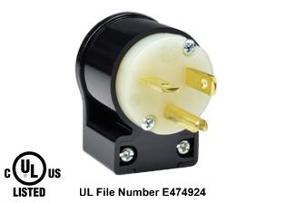 20 AMPERE-250 VOLT NEMA 6-20P ANGLE PLUG, IMPACT RESISTANT NYLON BODY, 2 POLE-3 WIRE GROUNDING (2P+E), SPECIFICATION GRADE. BLACK / WHITE. 

<br><font color="yellow">Notes: </font> 
<br><font color="yellow">*</font> Terminals accept 18/3, 16/3, 14/3, 12/3 AWG size conductors. Strain relief (cord grip range) = 0.300-0.650" dia.
<br><font color="yellow">*</font> Temp. range = -40C to +75C.
<br><font color="yellow">*</font> Plug cover design allows power cord to exit at 8 different angles. View "Dimensional Data Sheet" below for details.
<br><font color="yellow">*</font> Plugs, receptacles, outlets, power strips, connectors, inlets, power cords, weatherproof outlets, plug adapters are listed below in related products. Scroll down to view.
