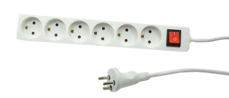 DENMARK 10 AMPERE-250 VOLT TYPE K (DE1-13R) 6 OUTLET PDU POWER STRIP, (MAX. 2200 WATTS / 220 VOLTS), ILLUMINATED "ON/OFF" SWITCH, SHUTTERED CONTACTS, 2 POLE-3 WIRE GROUNDING (2P+E), 3.1 METER (10FT-2IN) CORD. WHITE.

<br><font color="yellow">Notes: </font> 
<br><font color="yellow">*</font> For rack mount applications see #60600, 61600, 58206, 58206-C14 PDU power strips listed below in related products.
<br><font color="yellow">*</font> Scroll down to view Denmark plugs, outlets, connectors, GFCI (RCD) sockets, plug adapters.

