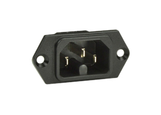 15A-250V IEC 60320 C-16 PANEL MOUNT POWER INLET, 3.5 x 0.8 mm (0.138" x 0.032") SOLDER TERMINALS, 2 POLE-3 WIRE GROUNDING (2P+E). BLACK.

<br><font color="yellow">Notes: </font> 
<br><font color="yellow">*</font> Operating temp. = -25C to +120C.
<br><font color="yellow">*</font> Material = Thermoplastic, UL 94V-O.
<br><font color="yellow">*</font> Connects with C-15 power cords, connectors.
<br><font color="yellow">*</font> Power cords, connectors, inlets, plug adapters are listed below in related products. Scroll down to view.