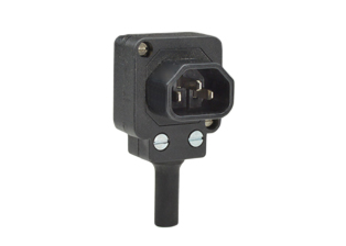 IEC 60320 C-14 ANGLE PLUG, 10 AMPERE-250 VOLT, 2 POLE-3 WIRE GROUNDING (2P+E), BLACK.
<BR> 4 ANGLE OPTIONS: DOWN ANGLE, UP ANGLE, RIGHT ANGLE OR LEFT ANGLE. ACCEPTS 18 AWG (1.0 mm2) CONDUCTORS, 8.5 mm (0.335") MAX DIA. CORDAGE.

<br><font color="yellow">Notes: </font> 
<br><font color="yellow">*</font> Operating temp. = -25C to +70C.
<br><font color="yellow">*</font> Max. screw torques: Terminals, cord grip, cover = 0.5Nm.
<br><font color="yellow">*</font> Material = Thermoplastic, UL 94V-0.
<br><font color="yellow">*</font> IEC 60320 plugs, connectors, power cords, outlet strips, sockets, inlets, plug adapters are listed below in related products. Scroll down to view.