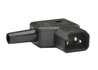 IEC 60320 C-14 RIGHT ANGLE PLUG, 10 AMP-250 VOLT, 2 POLE-3 WIRE GROUNDING (2P+E). TERMINALS ACCEPT 18AWG, 16AWG, 14AWG CONDUCTORS, MAX ∅14AWG (2.5mm), INTERNAL STRAIN RELIEF ACCEPTS 10mm (0.394") DIAMETER CORD, EXTERNAL STRAIN RELIEF ACCEPTS 7mm (0.276") DIAMETER CORD, BLACK. 

<br><font color="yellow">Notes: </font> 
<br><font color="yellow">*</font> Operating temp. = -30C to +80C.
<br><font color="yellow">*</font> Material = Polyamide 6 (nylon).
<br><font color="yellow">*</font> IEC 60320 plugs, connectors, power cords, outlet strips, sockets, inlets, plug adapters are listed below in related products. Scroll down to view.