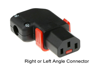 TRU-LOCK IEC 60320, <font color="RED"> RIGHT ANGLE / LEFT ANGLE C-13 LOCKING CONNECTOR</font> (REWIREABLE), 10A-125V, 10A-250V, C(UL)US LISTED, INTERNATIONAL APPROVALS: KEMA-KEUR, ENEC-05, AUSTRALIA AS/NZS 4417 (RCM MARK), 2 POLE-3 WIRE GROUNDING (2P+E). BLACK.

<br><font color="yellow">Notes: </font> 
<br><font color="yellow">*</font> Cover reversible for right / left angle applications.
<br><font color="yellow">*</font> Terminals accept 18AWG-14AWG (0.75mm-1.50mm) conductors.
<br><font color="yellow">*</font> Max cable size = 9.5mm (0.374") dia.
<br><font color="yellow">*</font> Terminal screw torque = 0.4Nm, Strain relief = 0.3Nm
<br><font color="yellow">*</font> Temp. range = -20�C to +55�C.
<br><font color="yellow">*</font> Locks onto C-14 inlets, PDU strips, plugs, cords.<font color="RED"> Red slide lever unlocks C-13 connector.</font> Retract (pull back) red color lever before inserting or removing connector. Prevents damage to locking system.
<br><font color="yellow">*</font> Body Material LSZH (Low Smoke Zero Halogen).
<br><font color="yellow">*</font> IEC 60320 C-13, C-19 "locking" power cords, outlet strips, sockets are listed in related products. Scroll down to view.