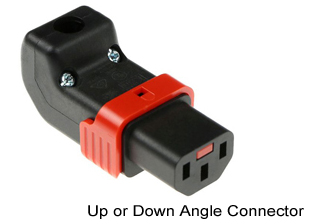 TRU-LOCK IEC 60320, <font color="RED"> UP ANGLE / DOWN  ANGLE C-13 LOCKING CONNECTOR</font> (REWIREABLE), 10A-125V, 10A-250V, C(UL)US LISTED, INTERNATIONAL APPROVALS: KEMA-KEUR, ENEC-05, AUSTRALIA AS/NZS 4417 (RCM MARK), 2 POLE-3 WIRE GROUNDING (2P+E). BLACK.

<br><font color="yellow">Notes: </font> 
<br><font color="yellow">*</font> Cover reversible for up / down angle applications.
<br><font color="yellow">*</font> Terminals accept 18AWG-14AWG (0.75mm-1.50mm) conductors.
<br><font color="yellow">*</font> Max cable size = 9.5mm (0.374") dia.
<br><font color="yellow">*</font> Terminal screw torque = 0.4Nm, Strain relief = 0.3Nm
<br><font color="yellow">*</font> Temp. range = -20�C to +55�C.
<br><font color="yellow">*</font> Locks onto C-14 inlets, PDU strips, plugs, cords.<font color="RED"> Red slide lever unlocks C-13 connector.</font> Retract (pull back) red color lever before inserting or removing connector. Prevents damage to locking system.
<br><font color="yellow">*</font> Body Material LSZH (Low Smoke Zero Halogen).
<br><font color="yellow">*</font> IEC 60320 C-13, C-19 "locking" power cords, outlet strips, sockets are listed in related products. Scroll down to view.

