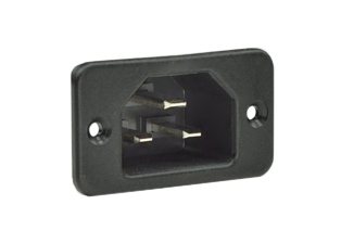 IEC 60320 C-22 <font color="yellow"> "HIGH TEMP" 155C PANEL MOUNT INLET </font>, 20 AMPERE-250 VOLT 60HZ AND 16 AMPERE-250 VOLT 50HZ, PROTECTION CLASS 1, 6.3 x 0.8 mm (0.250" x 0.032") QUICK CONNECT Q.D. TERMINALS, 2 POLE-3 WIRE GROUNDING, BLACK. 

<br><font color="yellow">Notes: </font> 
<br><font color="yellow">*</font> Operating temp. = -25C to +155C.
<br><font color="yellow">*</font> Housing material = PA, UL94V-0.
<br><font color="yellow">*</font> Mating C-21 "high temp" power connectors #57095, #57095-RA listed below under related products.