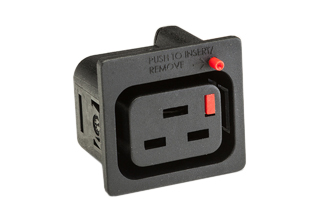 <font color="red">LOCKING</font> IEC 60320 C-19 PANEL MOUNT POWER OUTLET, 16A-250V EUROPEAN APPROVED (ENEC 19, ASTA), 20A-250V C(RU)US (UL/CSA) APPROVED, SNAP-IN PANEL MOUNT ON 1.5mm THICK PANEL, 6.3 x 0.08mm (0.250 x 0.032"), QUICK CONNECT / SOLDER TERMINALS, 2 POLE-3 WIRE GROUNDING (2P+E), THERMOPLASTIC (UL94V-0). BLACK.

<br><font color="yellow">Notes: </font> 
<br><font color="yellow">*</font> Outlet accepts and "locks in" C-20 type plugs. Press in and hold down the <font color=Red>red button</font> until the C-20 plug is fully seated in the C-19 locking outlet, then release the button. This procedure locks in the C-20 plug. Push in and hold down red button to unlock the C-20 plug.
<br><font color="yellow">*</font> <font color="RED"> IEC 60320 Integrated Component Locking System:</font> IEC 60320 C-19 locking power strip and locking power cords when mated with #57103-LK panel mount power outlet provides a system wide configuration of integrated locking components that prevent accidental disconnects. Call application specialist for details.
<br><font color="yellow">*</font> C-19, C-20 locking power cords, locking outlet strips, locking C-19 panel mount outlets are listed below in related products. Scroll down to view.





 