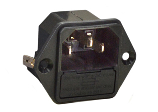 IEC 60320 C-14, 10 AMPERE-250 VOLT POWER INLET WITH DOUBLE POLE FUSEHOLDER, SCREW ON PANEL MOUNT FRONT OR REAR, BRASS NICKEL PLATED CONTACTS, BRASS SILVER AND TIN PLATED TERMINALS, 4.8 x 0.8 mm (0.189 x 0.032) QUICK CONNECT Q.D. TERMINALS, BLACK. 

<br><font color="yellow">Notes: </font> 
<br><font color="yellow">*</font> Material = Fiberglass reinforced thermoplastic (PETP), UL 94V-0.
<br><font color="yellow">*</font> Fuse drawer for power inlet must be ordered separately.