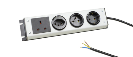 EUROPEAN SCHUKO CEE 7/3, FRANCE CEE 7/5, BRITISH BS 1363A, SWISS SEV 1011, 4 OUTLET 16 AMPERE-250 VOLT PDU POWER STRIP, 2 POLE-3 WIRE GROUNDING (2P+E), 1.5 METER (4FT-11IN) CORD, STRIPPED ENDS. BLACK/GRAY.

<br><font color="yellow">Notes: </font> 
<br><font color="yellow">*</font> PDU horizontal rack mount applications. Use #52019, #52019-BLK rack mounting plates.
<br><font color="yellow">*</font> Complete range of Universal Multi Configuration Power Strips. <a href="https://www.internationalconfig.com/multi-configuration-universal-power-strips-multiple-outlet-pdu-power-distribution-units.asp" style="text-decoration: none">Universal Power Strips Link</a>
<br><font color="yellow">*</font> Additional European, British, Australian, International PDU power strips listed below in related products. Scroll down to view.





 