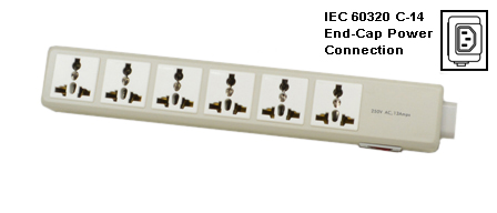 UNIVERSAL INTERNATIONAL, EUROPEAN MULTI-CONFIGURATION 6 OUTLET, 13 AMPERE-250 VOLT (3250 WATTS) PDU POWER STRIP, 50/60Hz, C-14 POWER INLET, SURGE PROTECTION, SHUTTERED CONTACTS, ILLUMINATED ON/OFF CIRCUIT BREAKER, 2 POLE-3 WIRE GROUNDING [2P+E]. IVORY.

<br><font color="yellow">Notes: </font> 
<br><font color="yellow">*</font> C-14 power inlet accepts all IEC 60320 C-13, C-15 power cords, connectors.
 <br><font color="yellow">*</font> Universal outlets accept European, Germany, France, Belgium, UK, British, Italy, Denmark, Swiss, Australia, China, Japan, Brazil, Argentina, American, South America, Israel, Asia, Thailand plugs.

<br><font color="yellow">*</font> <font color="yellow"> Outlets also accepts South Africa, India Type D 5/6A-250V BS 546 plugs, South Africa 16A-250V Type N SANS 164-2 plugs.</font> Use #74900-SGA socket adapter to provide ground [Earth] connection when European CEE 7/4, CEE 7/7 Schuko plugs are used with #58206-C14 outlets.

<br><font color="yellow">*</font> For PDU horizontal rack mount applications. Use #52019, #52019-BLK mounting plates.
<br><font color="yellow">*</font> For South Africa 16A-250V SANS 164-2 plug type N and India 5/6A-250V IA6A3 BS 546 plug type D applications use #58206-C14, 58206-C14-USB, 58206 power strips.
<br><font color="yellow">*</font> For South Africa 16A-250V SANS 164-1, India 16A-250V IA16A3 BS 546 plug type M applications use #58210, 58205-C14, 58205 power strips.
<br><font color="yellow">*</font> Complete range of Universal Multi Configuration Power Strips. <a href="https://www.internationalconfig.com/multi-configuration-universal-power-strips-multiple-outlet-pdu-power-distribution-units.asp" style="text-decoration: none">Universal Power Strips Link</a>
<br><font color="yellow">*</font> Power cords, plugs, outlets, connectors are listed below in related products. Scroll down to view.
 
 

 