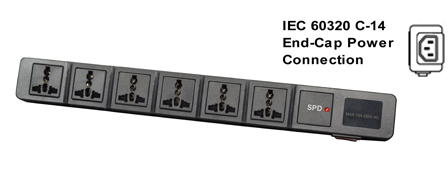 UNIVERSAL INTERNATIONAL, EUROPEAN MULTI-CONFIGURATION PDU, 6 OUTLET, 13 AMPERE-250 VOLT POWER STRIP (3250 WATTS), 50/60Hz, C-14 POWER INLET, SURGE PROTECTION, FILTER <font color="yellow">++</font>, SHUTTERED CONTACTS, ILLUMINATED <font color="yellow"> D.P. ON/OFF CIRCUIT BREAKER</font>, 2 POLE-3 WIRE GROUNDING [2P+E]. BLACK.
<BR><font color="yellow">++</font> MAX. ENERGY = JOULE: 820. MATERIALS: NYLON, ABS, PC, OPERATING TEMP = -20�C to +80�C.

<br><font color="yellow">Notes: </font> 
<br><font color="yellow">*</font> Desk, Wall, Rack mount. 
<BR><font color="yellow">*</font> Horizontal rack mount requires # 52019-BLK mounting plate.
<br><font color="yellow">*</font> Power inlet accepts C-13, C-15 cords, connectors. C-13 and Locking C-13 power cords available. <font color="yellow"> View print for details. </font>  
<br><font color="yellow">*</font> Universal Multi-Configuration outlets accept European, Germany, France, Belgium, UK, British, Italy, Denmark, Swiss, Australia, China, Japan, Brazil, Argentina, American, South America, Israel, Asia, Thailand plugs. <font color="yellow"> View print for plug compatibility chart.</font> 
<br><font color="yellow">*</font> Outlets also accept South Africa, India <font color="yellow">Type D</font> (5/6A-250V) BS 546 plugs and South Africa 16A-250V <font color="yellow">Type N</font> (SANS 164-2) plugs </font>.
<br><font color="yellow">*</font> Plug adapter # 30140-BLK provides ground [Earth Connection] when Schuko CEE 7/4, CEE 7/7 plugs are used with outlet strip.
<br><font color="yellow">*</font> Complete range of Universal Multi Configuration Power Strips. <a href="https://www.internationalconfig.com/multi-configuration-universal-power-strips-multiple-outlet-pdu-power-distribution-units.asp" style="text-decoration: none">Universal Power Strips Link</a>
<br><font color="yellow">*</font> Power cords, plugs, outlets, connectors are listed below in related products. Scroll down to view.